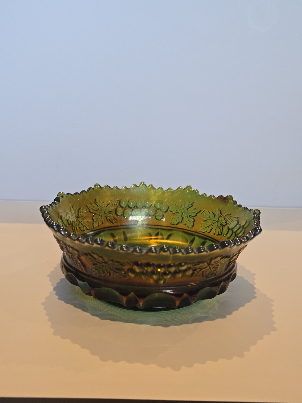 Antique Northwood Green Carnival Glass Grape and Cable Bowl, Marked N 5"x 2"